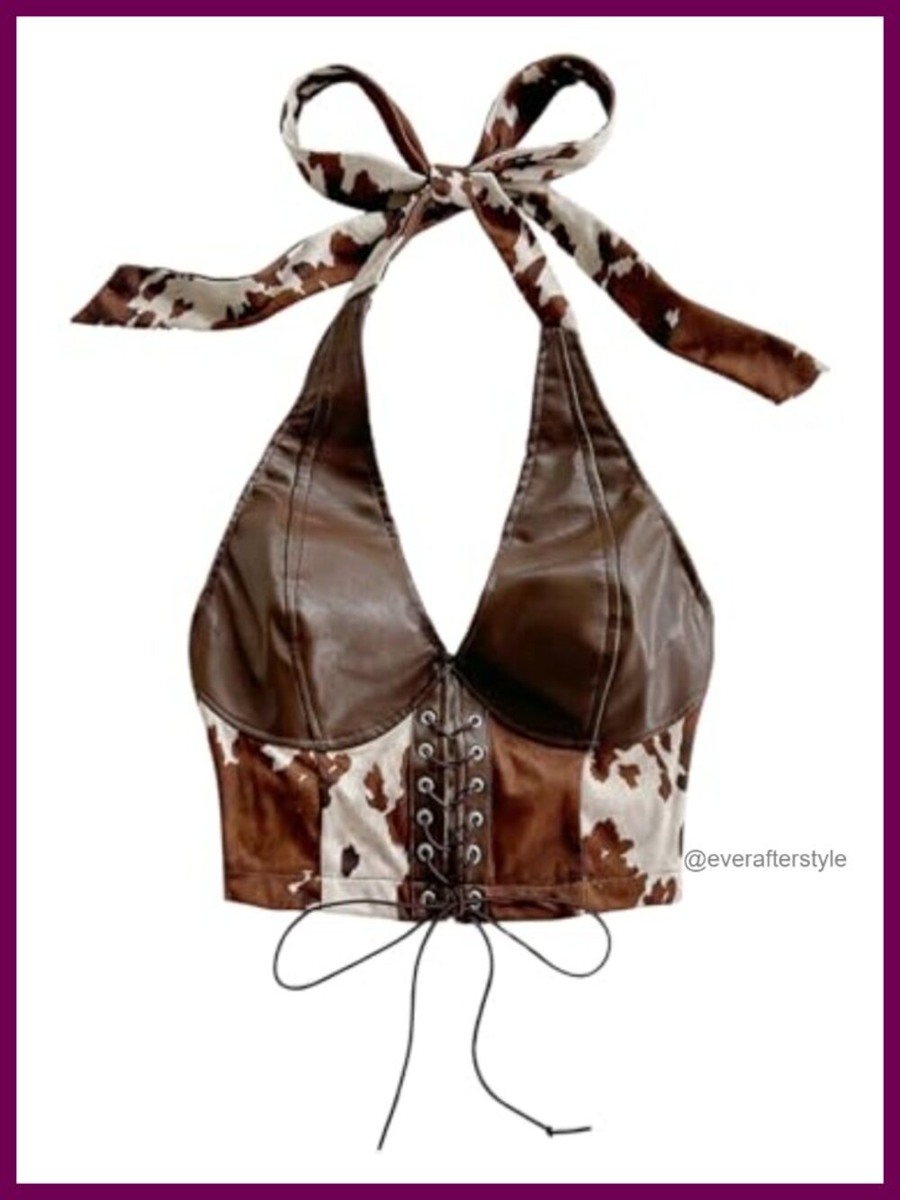 Faux Leather Cow Print Halter Crop Top Backless Sleeveless